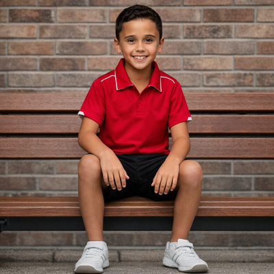 Young boy in Currumbin Kids Polos red mini waffle uniform shirt