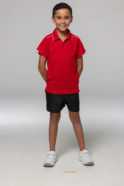 Red Currumbin Kids mini waffle polo uniforms with white trim