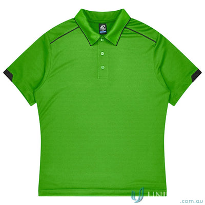 Vibrant green Currumbin Kids Polo shirt with black trim, perfect for mini waffle uniforms or workwear