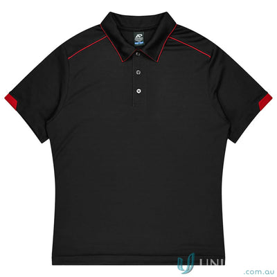 Black polo shirt with red trim from Currumbin mens polos, perfect for workwear uniforms
