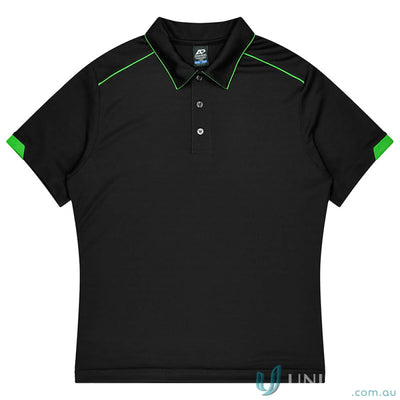 Black short-sleeve polo shirt with green trim for Currumbin mens workwear and uniforms