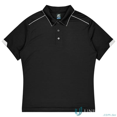 Black short-sleeved polo shirt with white trim, perfect for Currumbin uniforms or workwear