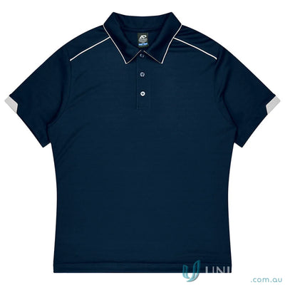 Dark blue Currumbin mens polo shirt with white trim, perfect for workwear or uniforms