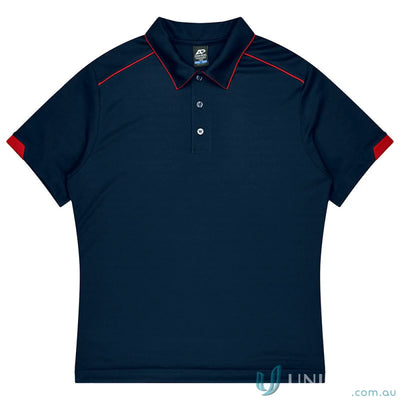 Dark blue mens polo shirt with red piping, perfect for uniforms or workwear
