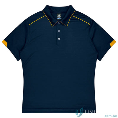 Dark blue Currumbin mens polo with yellow accents, perfect for mini waffle uniforms or workwear