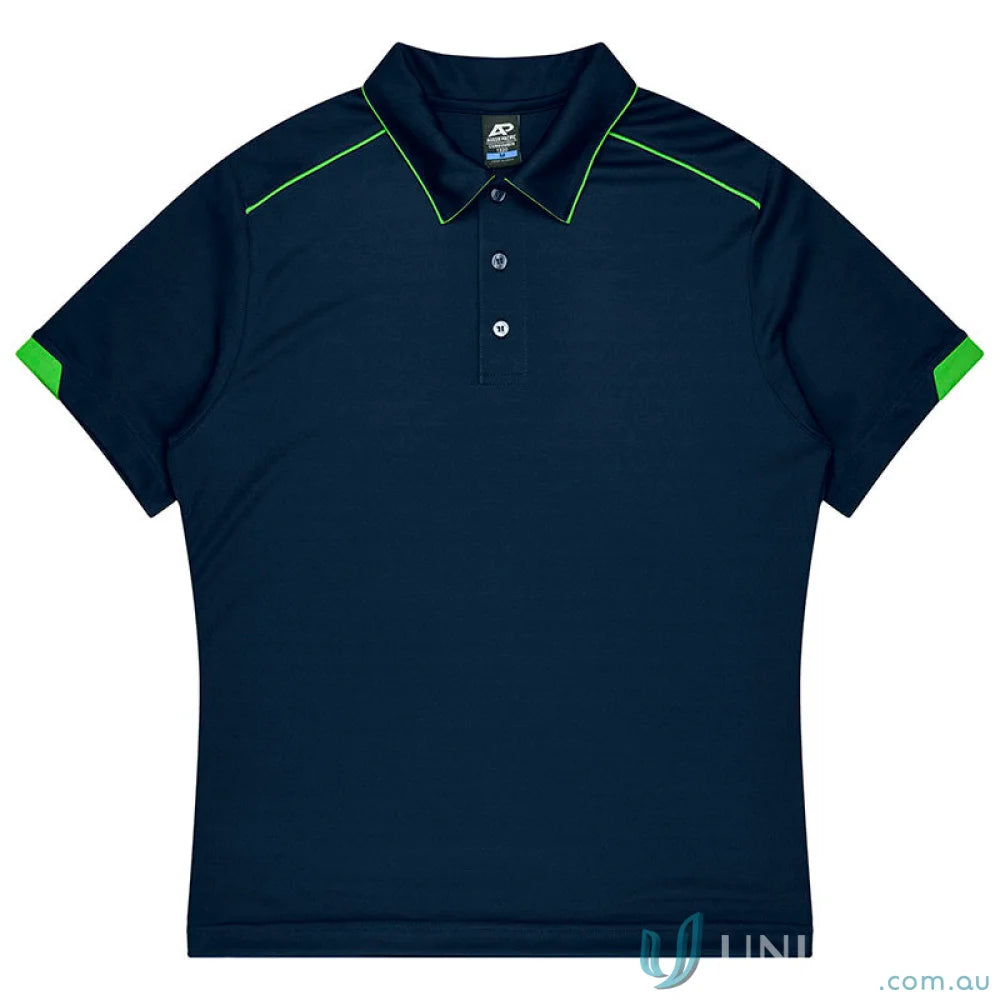 Navy blue mini waffle polo shirt with lime green accents for uniforms and workwear