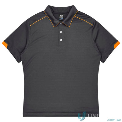 Dark gray Currumbin mens polo with orange trim, perfect for mini waffle uniforms or workwear