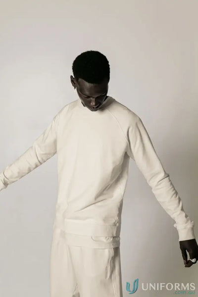 Cream-colored long-sleeved shirt and pants from Archie Crew Sweat in unbrushed French terry