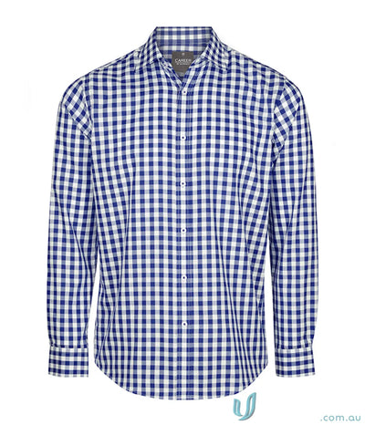 Degraves Royal Oxford long sleeve shirt in blue and white checkered silk protein fabric