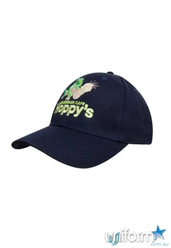Dark blue deluxe bull denim cotton twill cap with Hoppys green frog logo