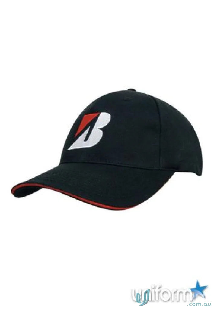 Deluxe bull denim cap with red white logo and sandwich trim