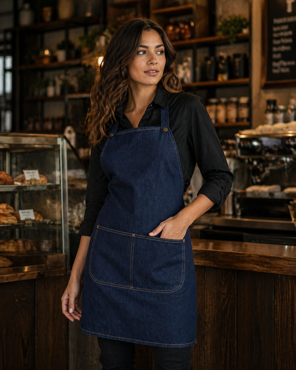 Dark blue denim short bib cross back apron with two front pockets and adjustable straps workwear uniforms