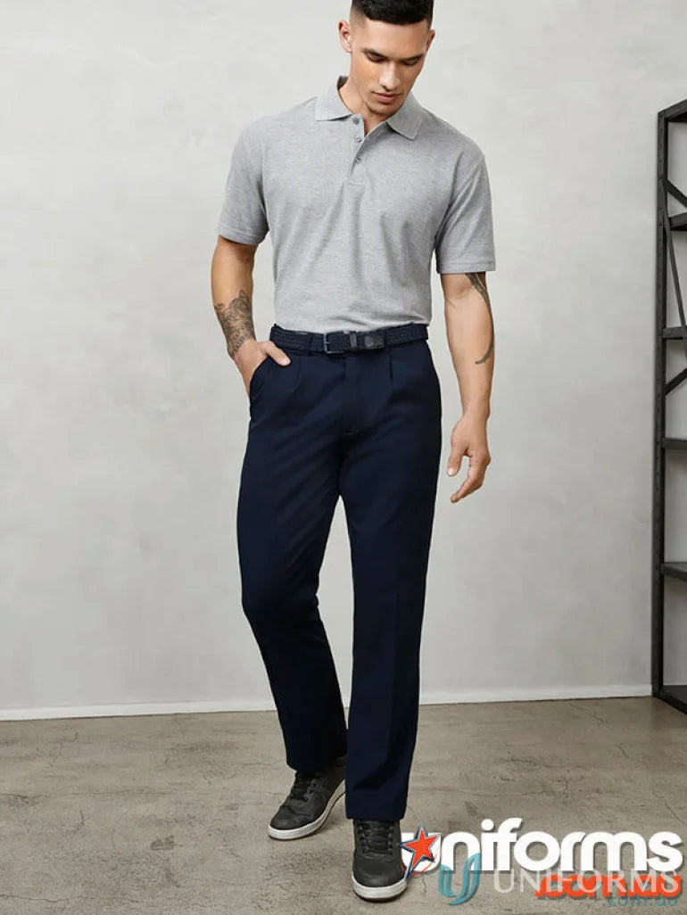 Man in gray polo and navy Detroit Pant from Biz Collection Mens B S10110R