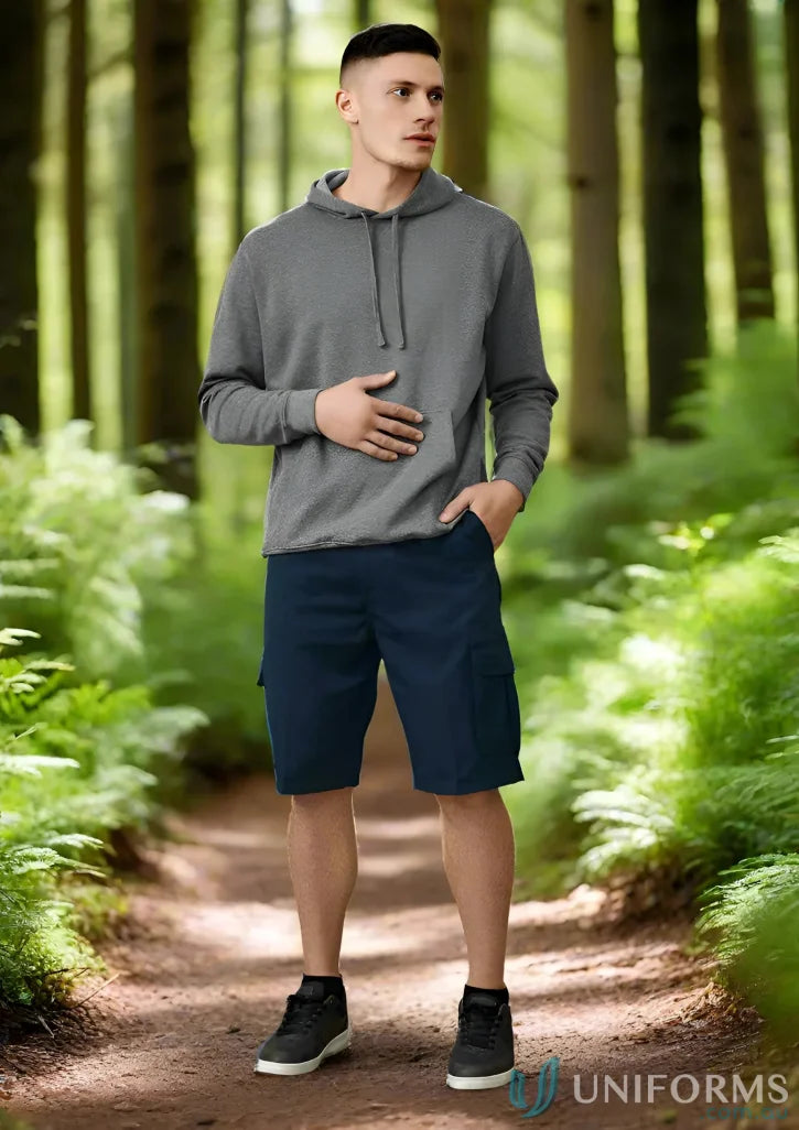 Man in gray hoodie and navy Biz Collection Detroit Shorts with Biz Flexi-Band waistband