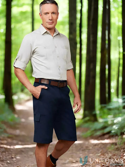 Man in outdoor attire wearing mens Detroit short from Biz Collection Detroit with Biz Flexi-Band waistband