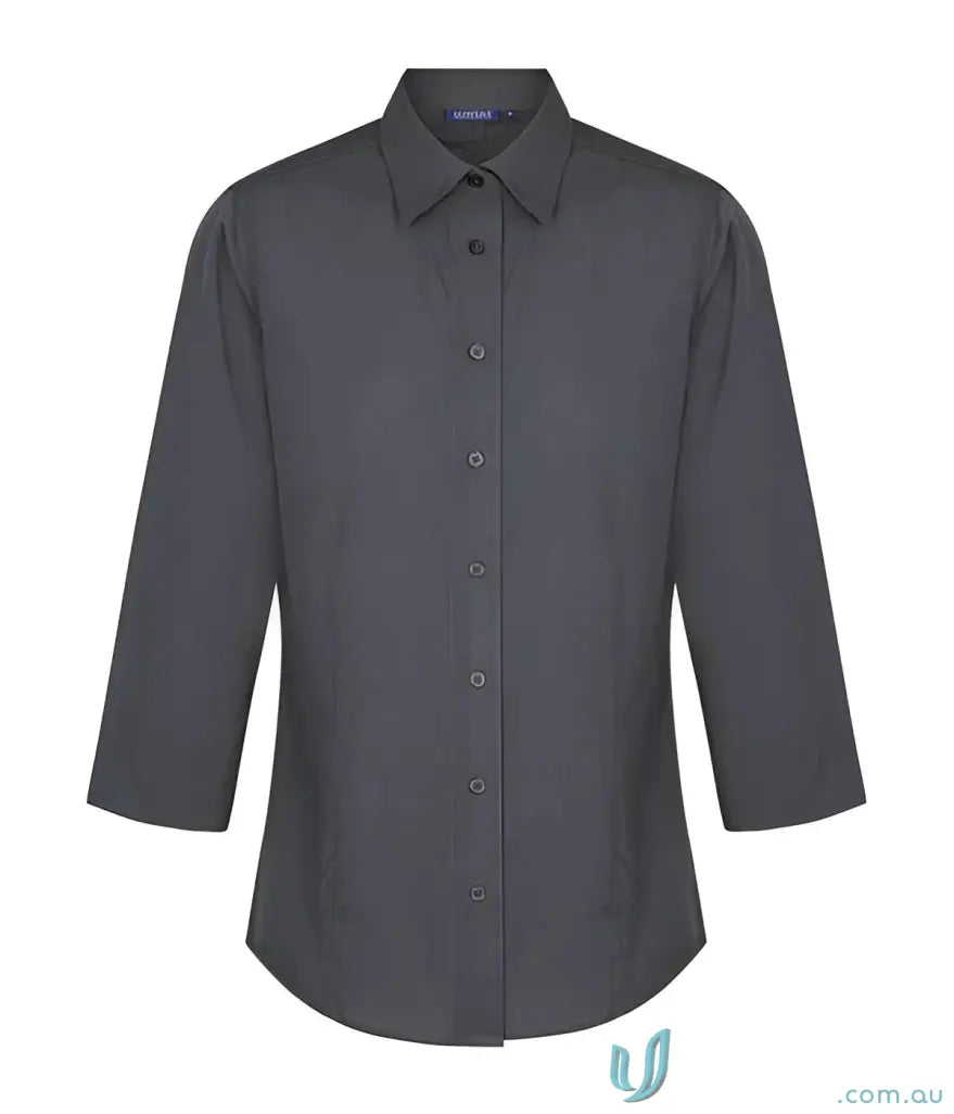 Dark gray long sleeved button down shirt with classic collar and matching buttons ideal for workwear uniforms