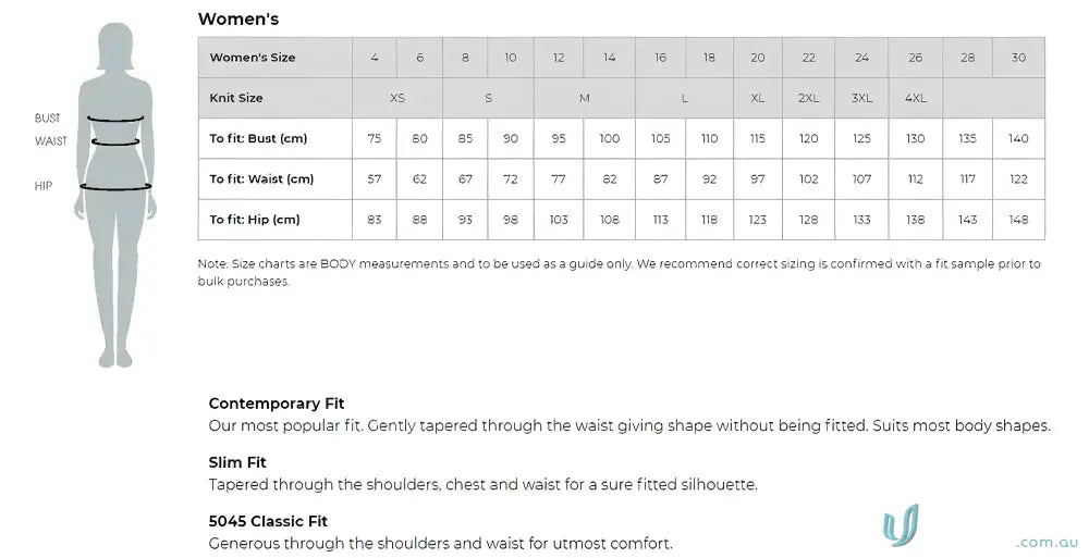 Womens size chart for direct radiology emb 3q shirt showing bust waist and hip measurements for work uniforms sizes xs to 4xl