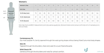 Womens size chart for direct radiology emb 3q shirt showing bust waist and hip measurements for work uniforms sizes xs to 4xl