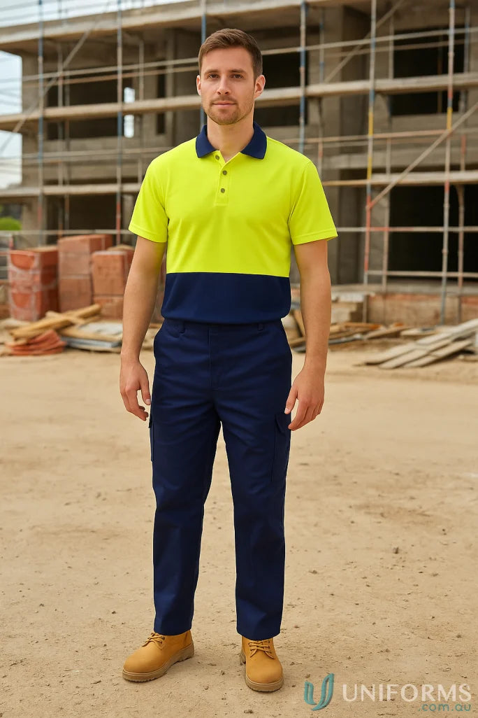 Mens two-tone hi-vis polo shirt and DNC Cool-Breeze Cotton Cargo Pants for work