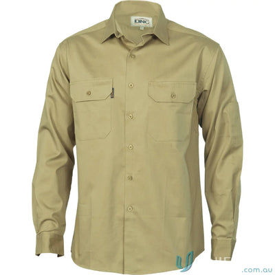 Khaki long-sleeved button-down work shirt for uniforms and workwear, DNC Cool-Breeze