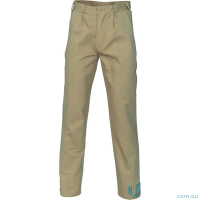 Khaki pleated cotton drill work trousers with heavy-duty nylon zip for tough drill work pants