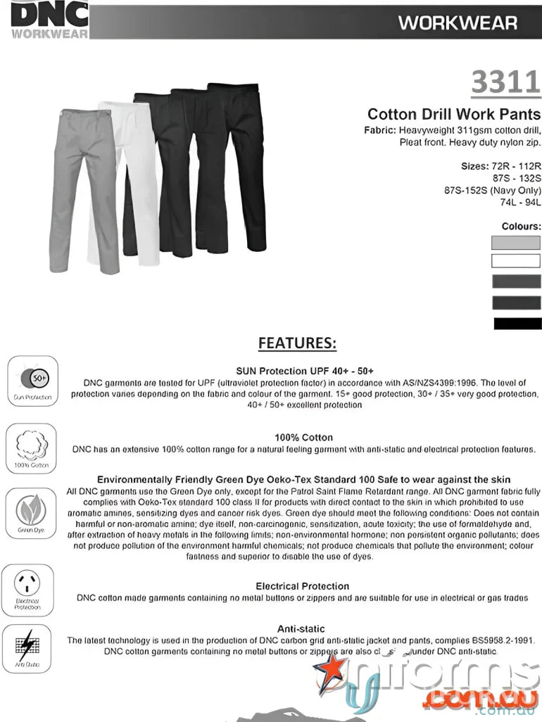 DNC Cotton Drill Work Trousers with heavy-duty nylon zip and rugged drill work pants features