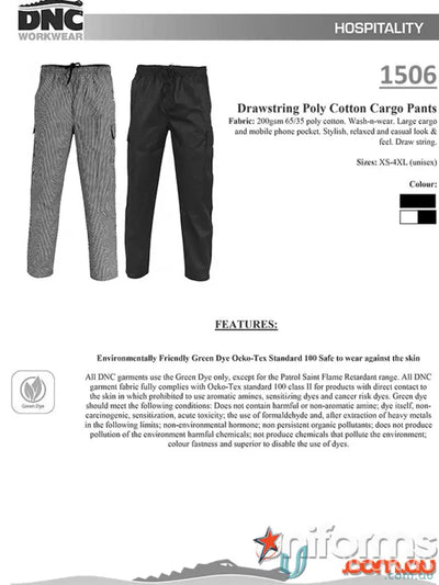 DNC Drawstring Cargo Chef Pants in poly cotton cargo with adjustable drawstring