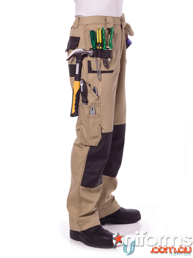 Khaki DNC Duratex Cotton Duck Weave Tradies Cargo Pants with black knee reinforcements
