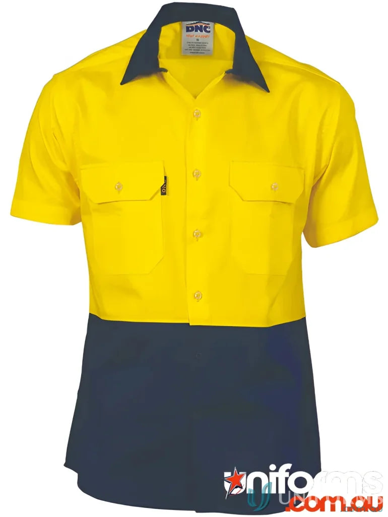Yellow and navy DNC HiVis cotton work shirt with metal buttons from DNC Cotton
