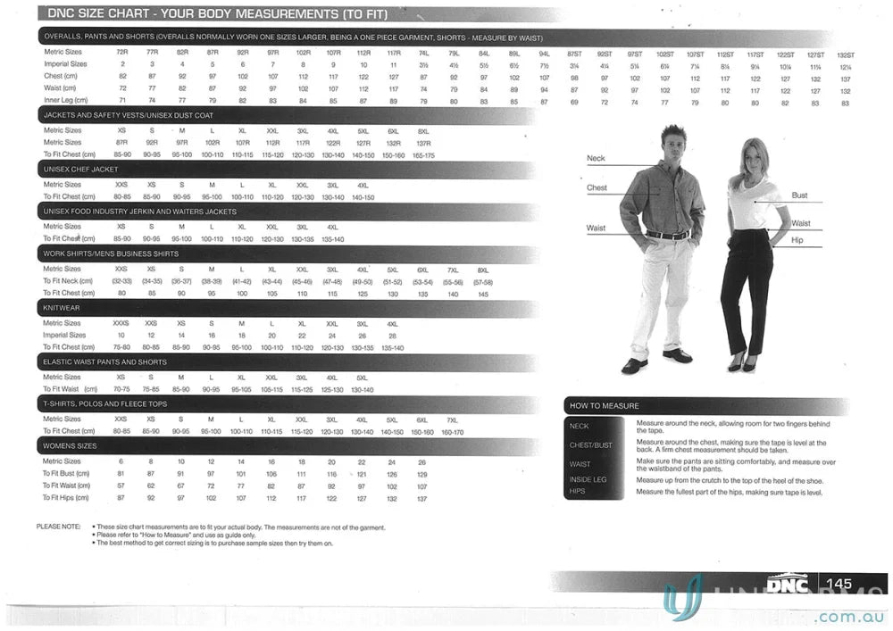 Clothing size chart with measurements for DNC HiVis Contrast Bomber Jacket for enhanced visibility