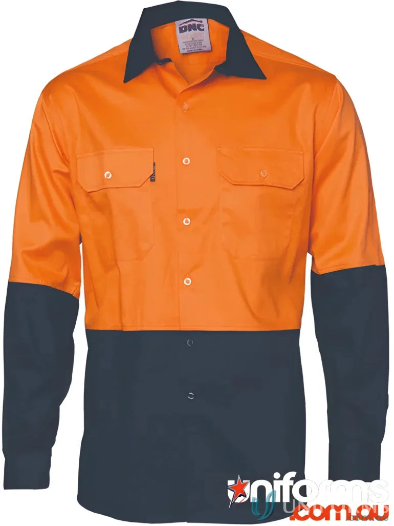 Orange and navy two tone cotton drill work shirt for uniforms in DNC HiVis L/S style