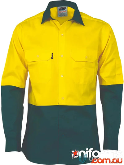 Yellow and green cotton drill two tone work shirt from DNC HiVis uniforms