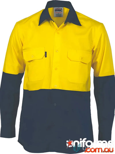 Yellow and navy blue two-tone cotton drill work shirt for uniforms