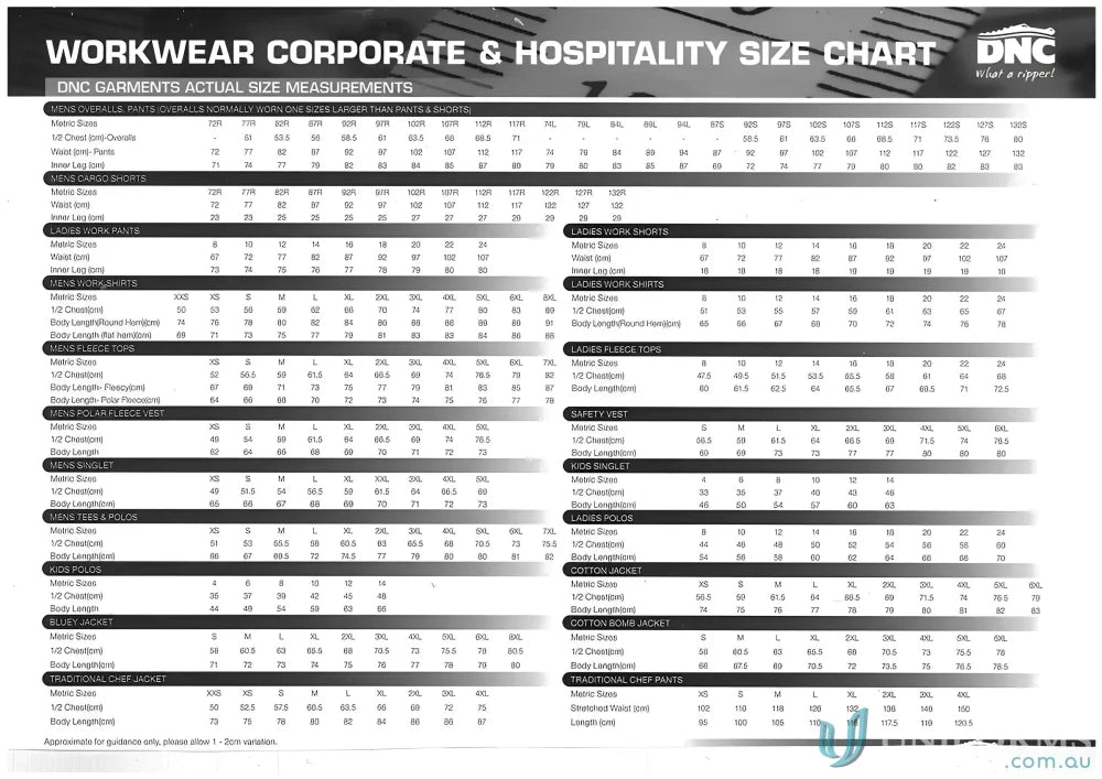 Workwear size chart for DNC PolyCotton Panel Polo Shirt showcasing panel polo fit