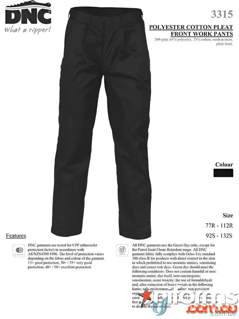 Black DNC PolyCotton Pleat Front Work Trousers with polyester cotton pleat style