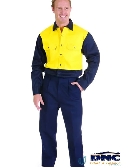 Man in two-tone DNC PolyCotton Pleat Front Work Trousers showing polyester cotton workwear