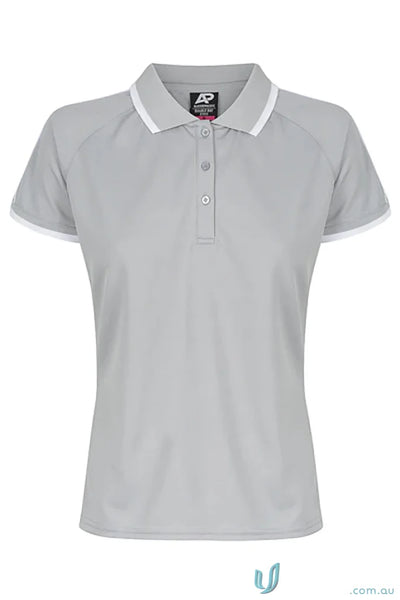 Light gray women’s short-sleeved polo shirt with white trim from Double Bay Lady Polos