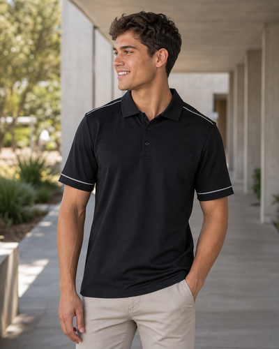 Mediterranean Australian male model wearing black DriGear Matrix Polo