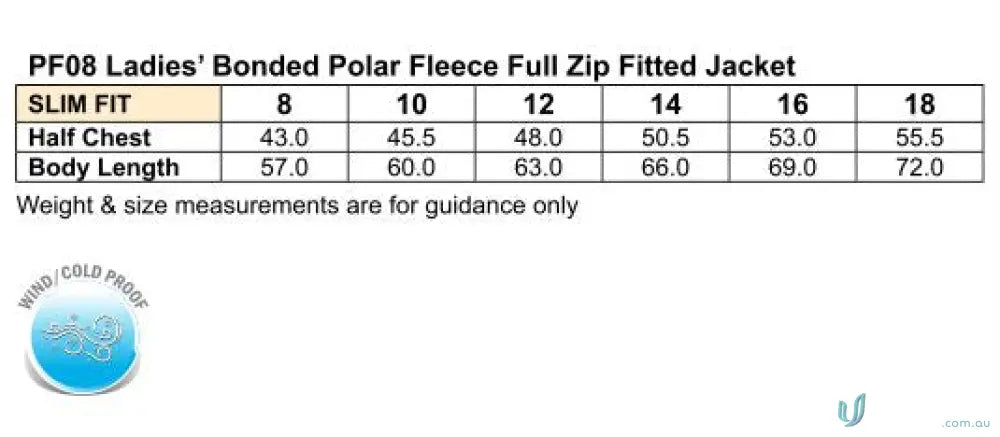 Ladies fleece jacket size chart for East Malvern ELC work uniforms and workwear