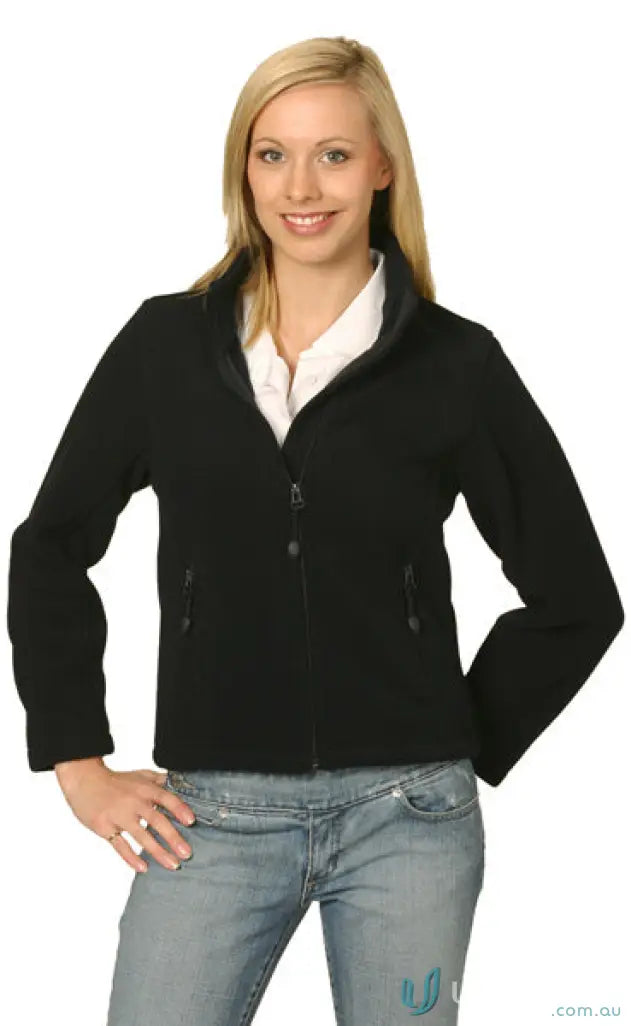 Womans black fleece jacket from East Malvern ELC workwear collection, perfect for uniforms