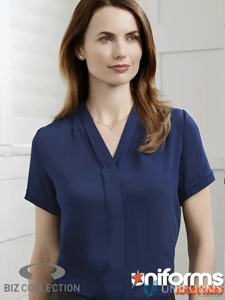 Navy blue short-sleeved blouse from EILBECK Ladies SS Blouse perfect for workwear or uniforms