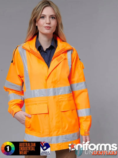 Orange high-visibility work jacket with pockets from Eldarin EMV Vic Rail HiVis Uniforms