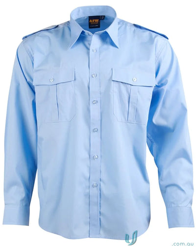 Light blue Winning Spirit Epaulette LS Shirt with pleated pockets, unisex long sleeve design