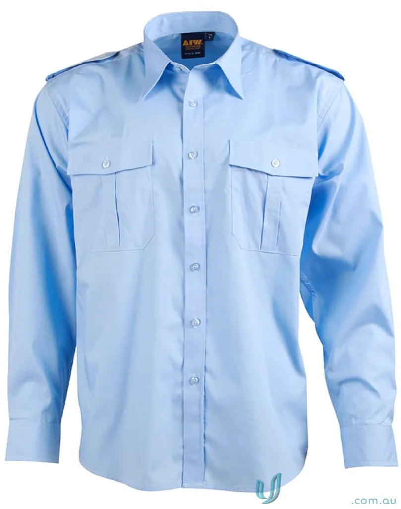 Light blue Winning Spirit Epaulette LS Shirt with pleated pockets, unisex long sleeve design