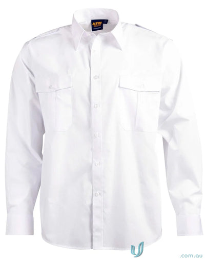 White long-sleeved Winning Spirit Epaulette LS Shirt with pleated pockets and unisex epaulette style