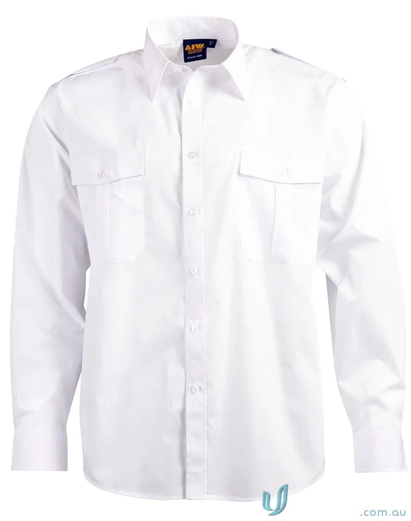 White long-sleeved Winning Spirit Epaulette LS Shirt with pleated pockets and unisex epaulette style