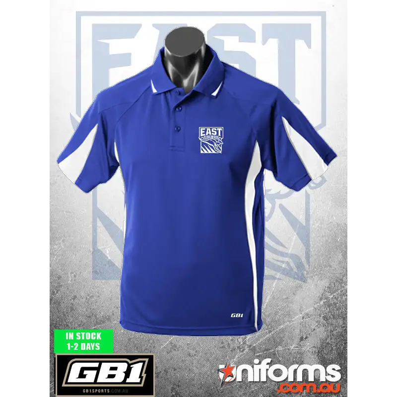 Blue and white polo shirt.