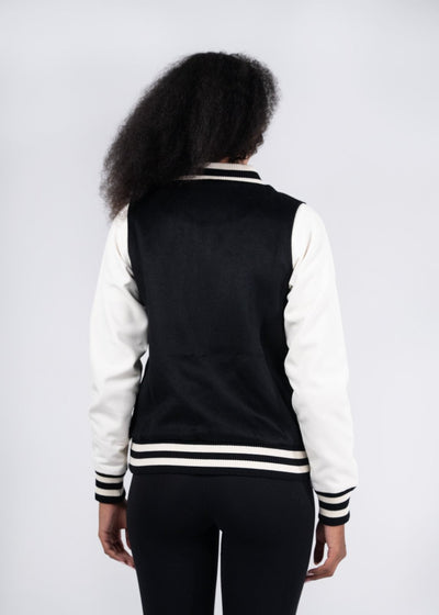 Black and white varsity wool blend ladies jacket with ribbed cuffs collar trim and waistband perfect for workwear uniforms