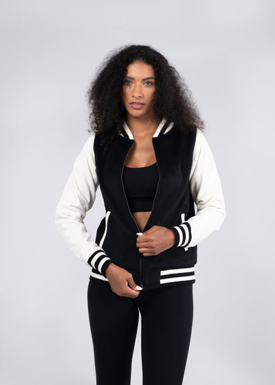 Black and white varsity wool blend ladies jacket with ribbed cuffs collar trim sleeve stripes perfect for work uniforms
