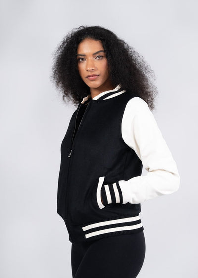 Black and white varsity wool blend ladies jacket with ribbed cuffs and collar perfect for uniforms and workwear